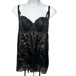 Torrid Chemise Womens Size 3XL 22/24 Black Satin Lace Underwired Lace-Up Back